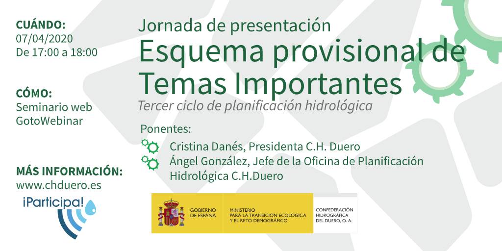 La CHD celebra una Jornada virtual para presentar el Esquema provisional de Temas Importantes del Duero, documento base del nuevo Plan Hidrológico La CHD celebra una Jornada virtual para presentar el Esquema provisional de Temas Importantes del Duero, documento base del nuevo Plan Hidrológico